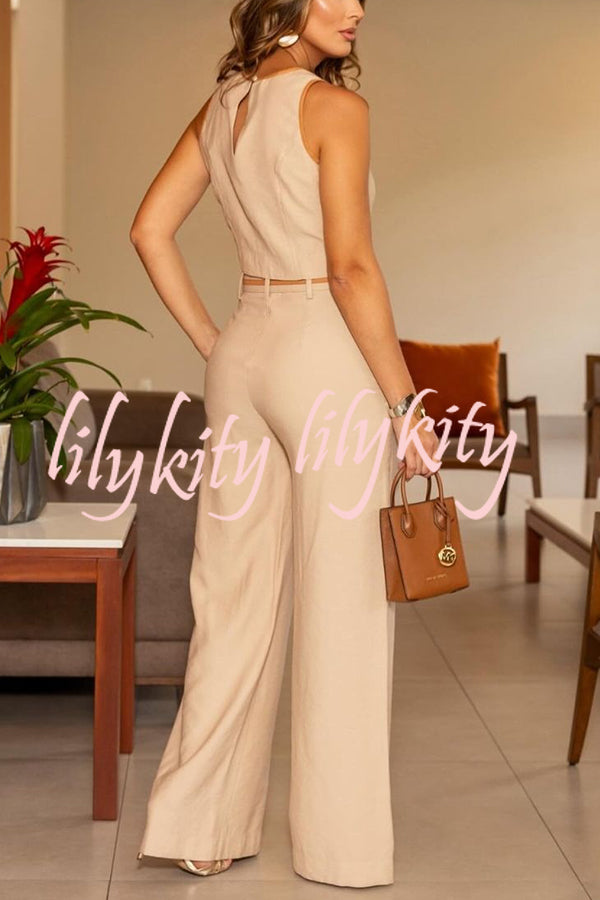 Solid Color Slim Fit Sleeveless Crew Neck Top and High Waist Pocket Wide Leg Pants Set