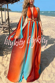 Variety of Styles Tulle Printed Ring Hollow Design Slit Vacation Maxi Dress