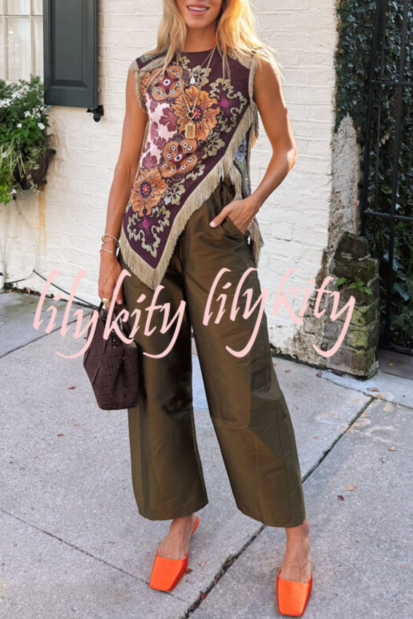 Stunning Floral Print Asymmetric Tassel Trim Scarf Top