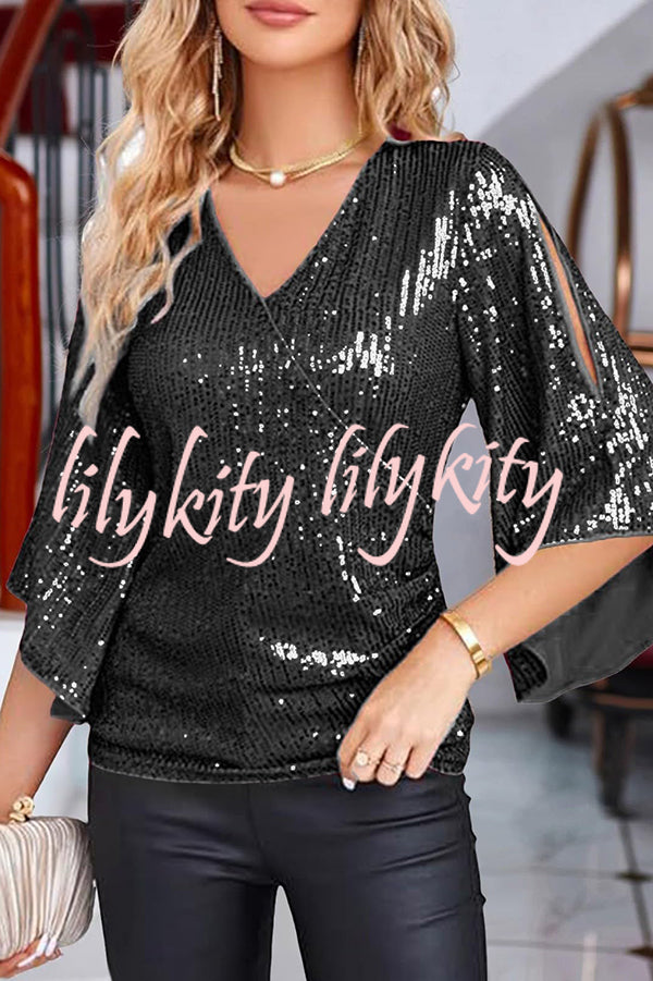 Solid Color Sequined V-neck Hollow Sleeve Slim Fit Top