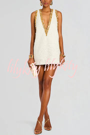 Cocktail Charm Sequin Colorblock Trim V-neck Sleeveless A-line Mini Dress