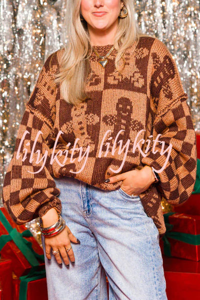 Christmas Gingerbread Man Round Neck Long Sleeve Loose Knit Sweater