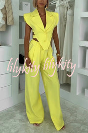 Fashion Style Lapel Waist-baring Irregular Vest and  Elastic Waist Pocket Loose Pants Set