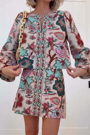 Autumn Garden Printed V-neck Long Bell Sleeve Top and Mid Rise Skirt Set