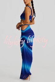 Sexy Halter Back Braided Suspender Top and Beach Holiday Style Hip-wrapped Maxi Skirt Set