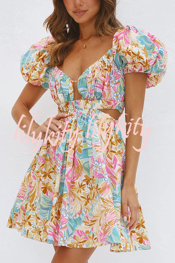 How Sweet Floral Puff Sleeve Cutout Elastic Waist Mini Dress