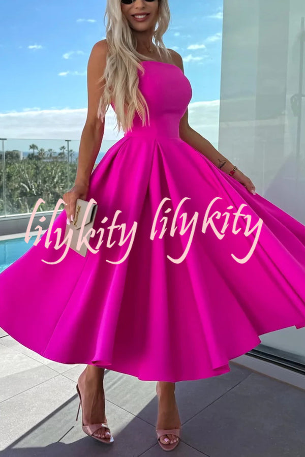 Sweet Cascade Solid Color Off Shoulder Pocket Full Hem Midi Dress