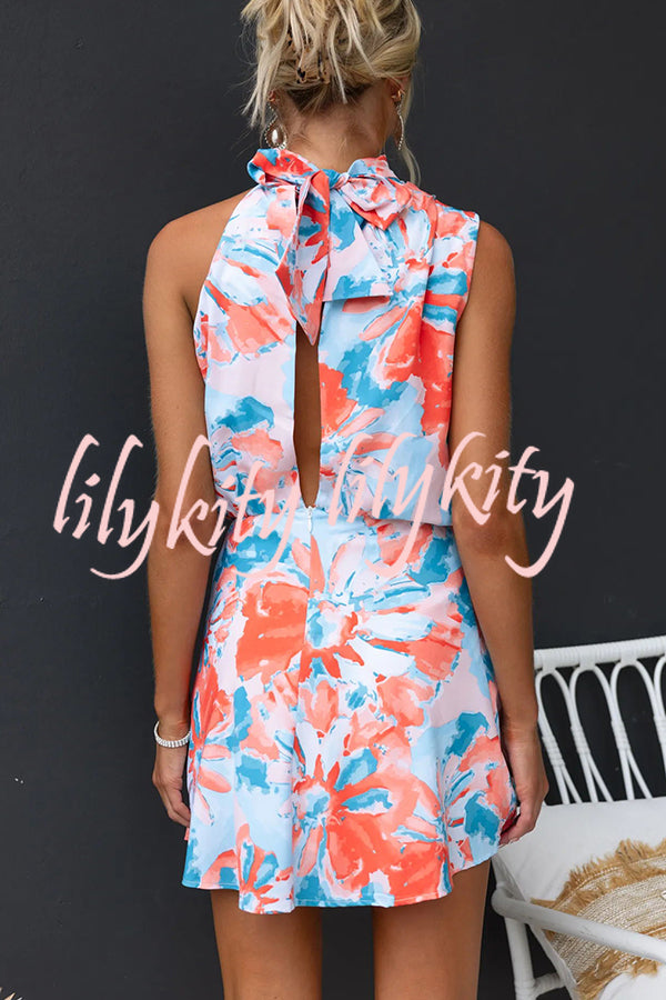 Admire Satin Floral Print High Neck Back Tie-up Mini Dress