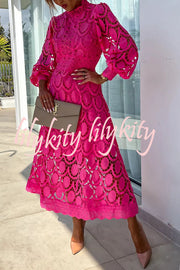 Romantic, Sensual and Elegant Crochet Lace Lantern Sleeve Party Midi Dress