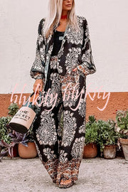 Unique Ethnic Print Loose Long-sleeved Shirt and Elastic Waist Pocket Straight Pants Set