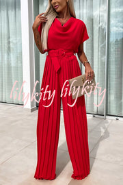Ivy Cowl Neck Short Sleeve Belt Pleated Loose Wide Leg Jumpsuit