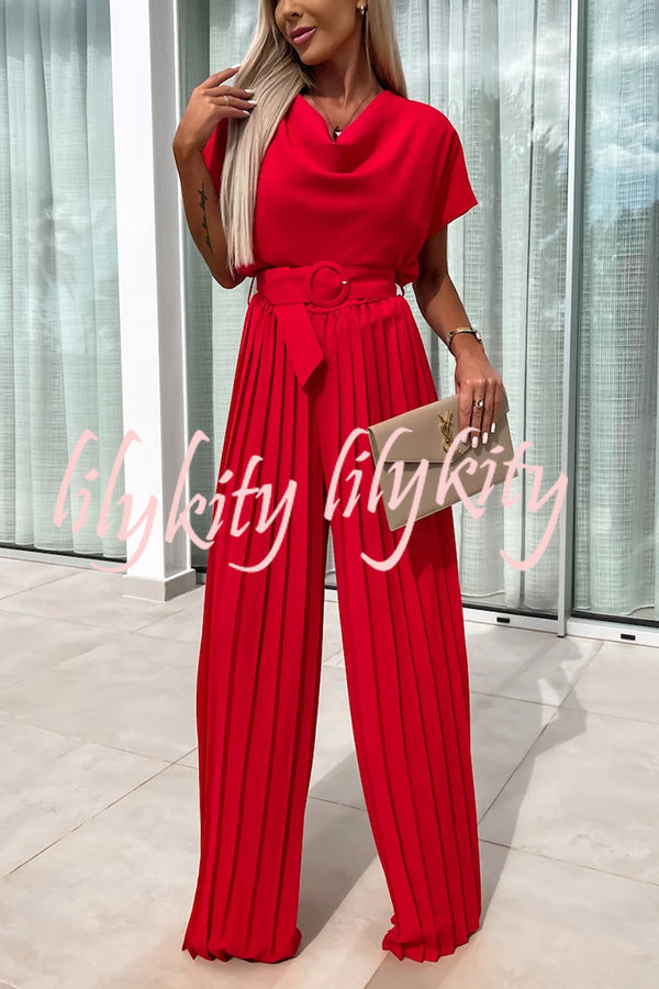 Ivy Cowl Neck Short Sleeve Belt Pleated Loose Wide Leg Jumpsuit