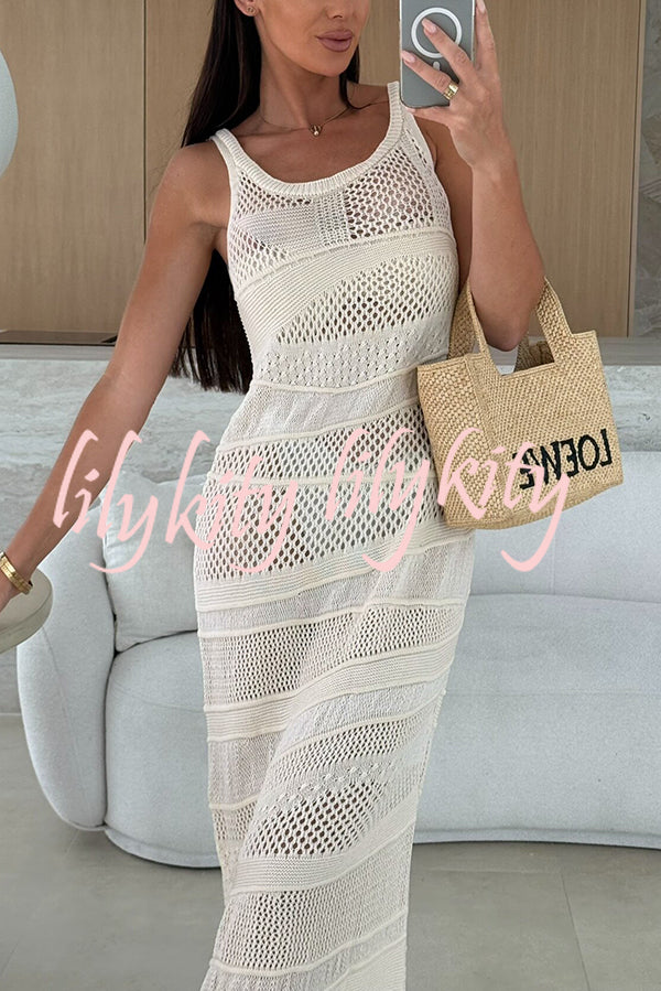 Solid Color Knit Hollow Crew Neck Sleeveless Beach Cover Up Maxi Dress