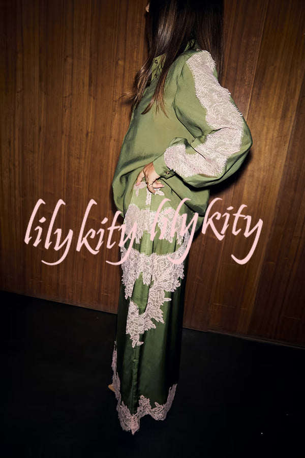 Eye-catching Work Contrast Color Satin Lace Trim Mid Rise Maxi Skirt