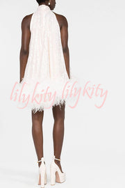 Dancefloor Elf Sequin Feather Trim High Neck A-line Mini Dress