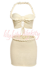 Sexy Halterneck Pearl-embellished Lace-up Tank and Fitted Knit Mini Skirt Set