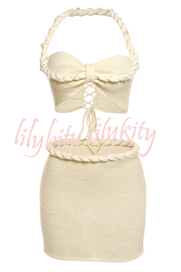 Sexy Halterneck Pearl-embellished Lace-up Tank and Fitted Knit Mini Skirt Set
