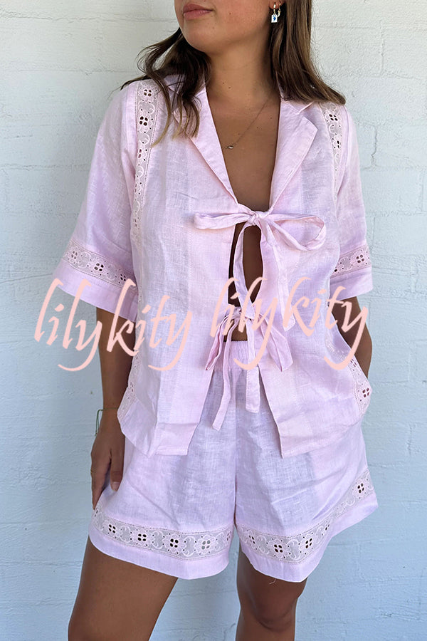 Celebrate Vacation Linen Blend Lace Splicing Tie-up Shirt and Elastic Waist Pocketed Shorts Set