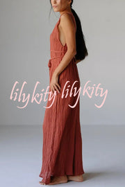 Resort Style V-neck Tie Pleated Casual Jumpsuit