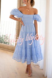 Solid Color Off-shoulder Lantern Sleeve Patchwork Midi Dress