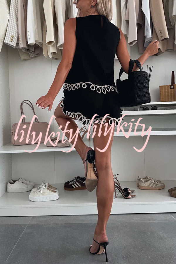 Angie Embroidery Cut-out Sleeveless Top and Elastic Waist Loose Shorts Set