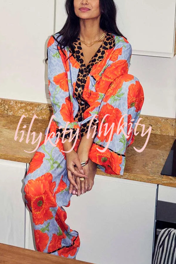 Color-block Poppy Leopard Print Trim Loose Shirt and Elastic Waist Pocketed Pajama Set