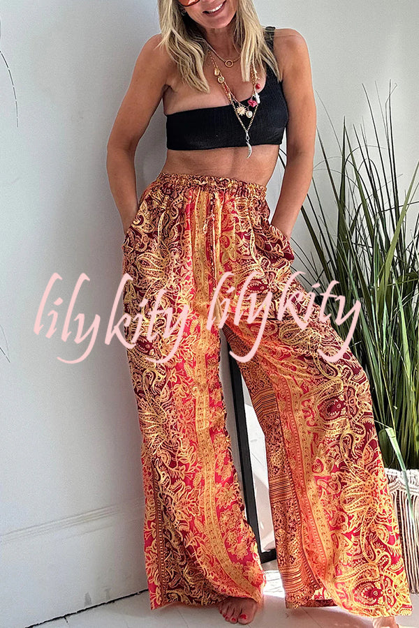 Vintage Boho Ethnic Print High Rise Elastic Drawstring Waist Pocketed Loose Pants