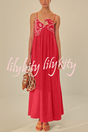 Red Fish Embroidered Sling Backless Maxi Dress