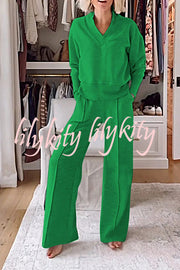 Weather Gets Cold Solid Color V-neck Top and Elastic Waist Pocketed Lounge Pants Set