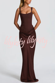 Larrah Square Neck Back Lace-up Satin Drape Hem Maxi Dress