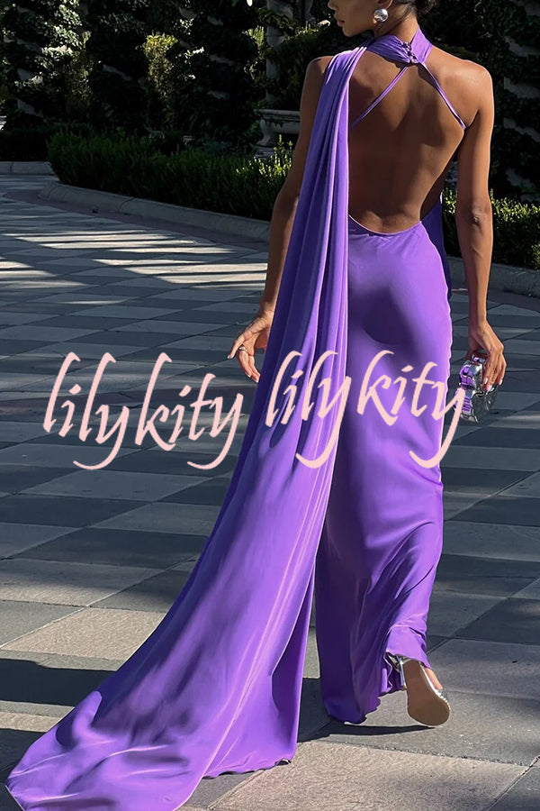Crush on You Satin One Shoulder Backless Cape Maxi Dress
