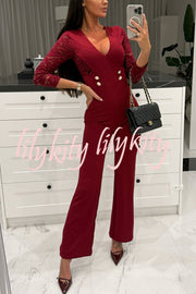 Call It Chic Lace Patchwork Metal Buckle Stretch Flare Jumpsuit