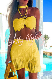 Solid Color Halter Neck Tassel Skirt Stretch Two-piece Bikini Swimsuit