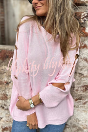 Solid Color Round Neck Hollow Long Sleeve Loose Knitted Sweater