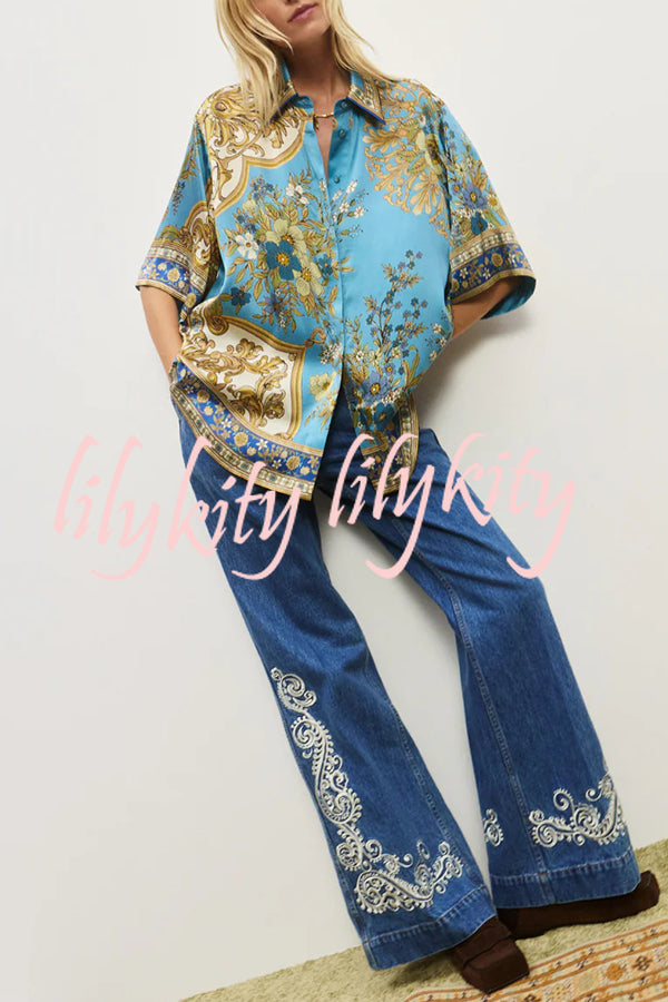 Satin Floral Print Loose Shirt and Elastic Waist Pocket Casual Wide-leg Pants