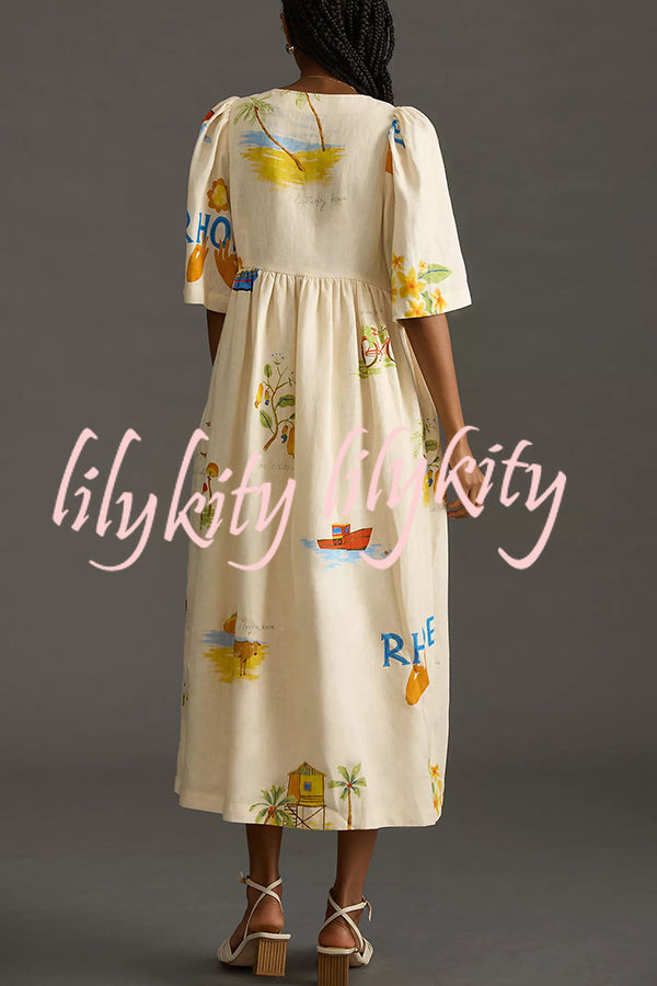 Cozy Summer Linen Blend Unique Print Button Puff Sleeve Loose Midi Dress