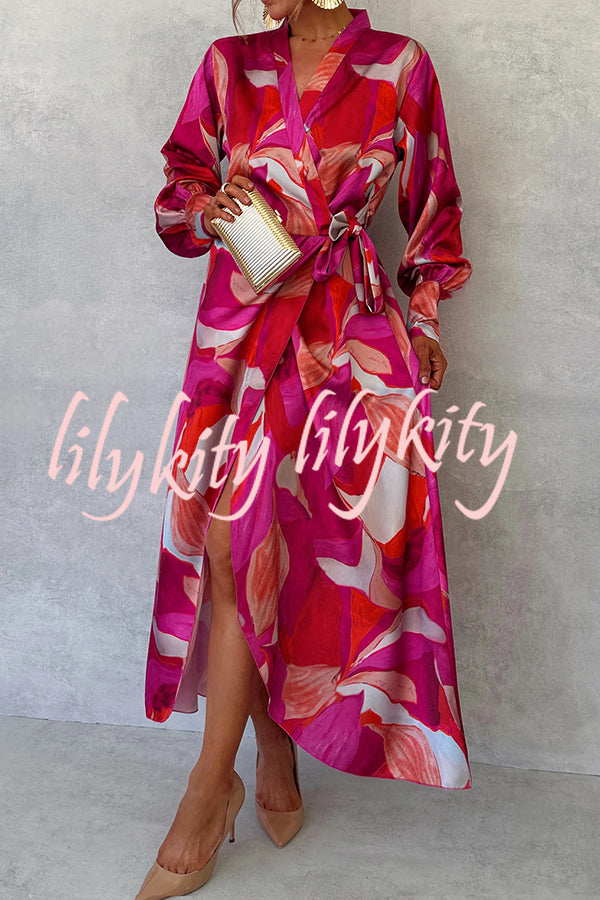 Unique Printed Long Sleeve V-neck Tie-up Waist Slit Maxi Dress