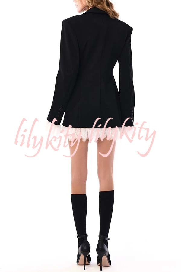 Cue The Chic Lace Trim Button Long Sleeve Lapel Blazer Mini Dress