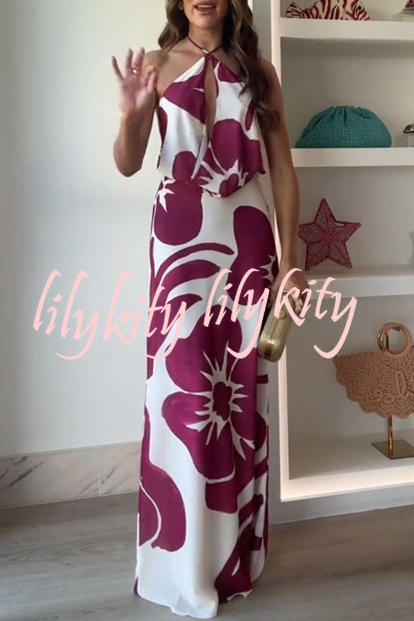 Leslie Flower Print Halter Cutout Cowl Neck Backless Maxi Dress