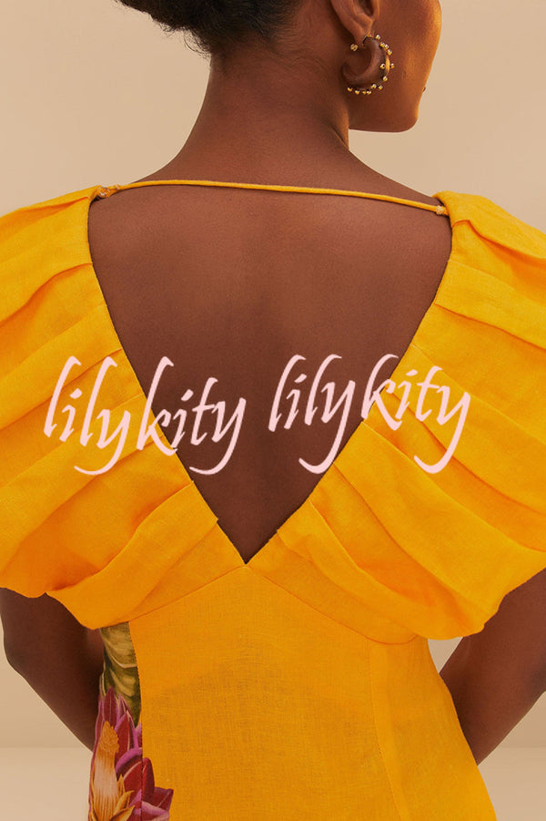 Plant Print V-neck Open Back Holiday Style Slit Midi Dress