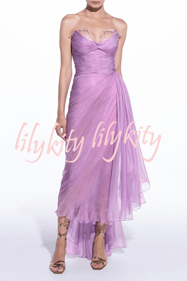 Julie Tulle Lace Trim Off Shoulder Ruched Back Lace-up Drape Slit Maxi Dress