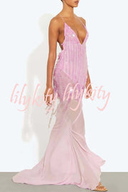 Perfect Night Sequin Embroidery Backless Drape Tulle Hem Slip Maxi Dress