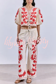 Till Sunset Linen Blend Unique Print Elastic Waist Pocket Wide Leg Pants