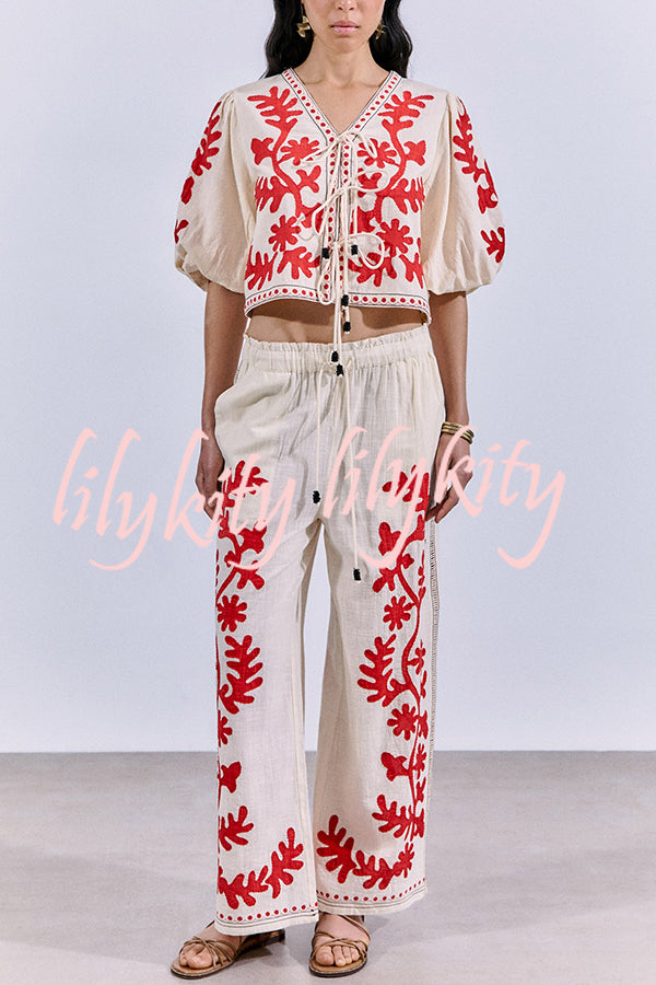 Till Sunset Linen Blend Unique Print Elastic Waist Pocket Wide Leg Pants