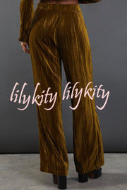 Solid Color Velvet Long-sleeved Waist Tie Top and Elastic Waist Casual Pocket Straight-leg Pants Set
