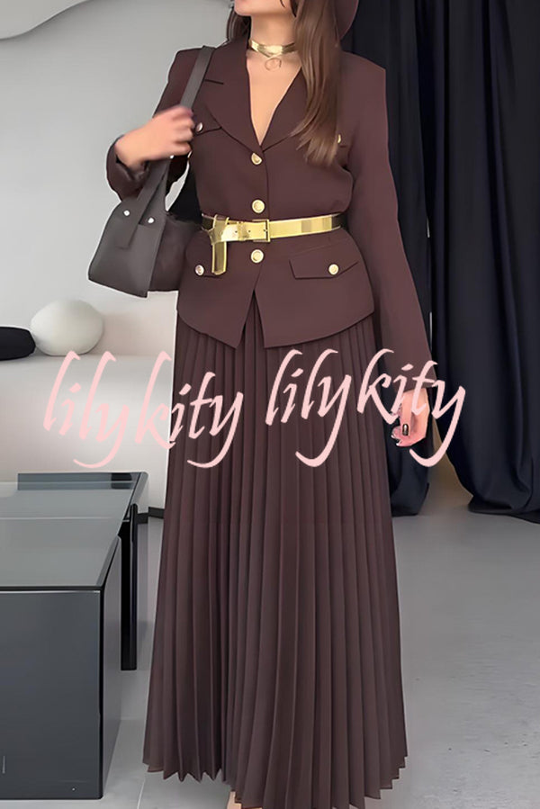 Solid Color Lapel Button Belt Blazer and Pleated Casual Maxi Skirt Set