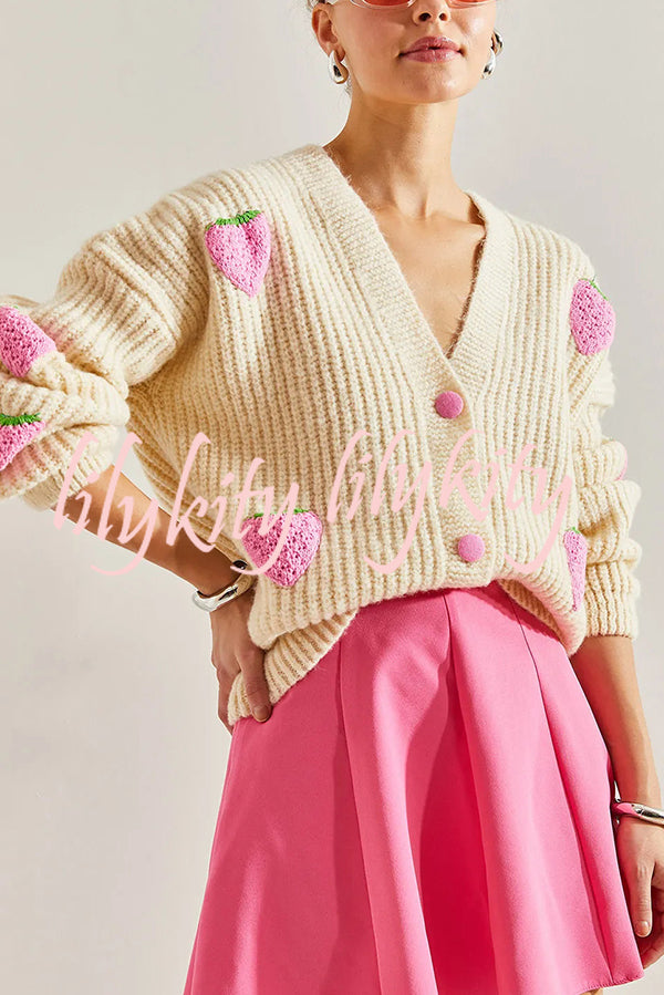 Stylish and Sweet V-neck Strawberry Embellished Knitted Cardigan