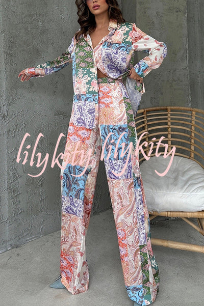 Unique Ethnic Print Long-sleeved Shirt and Elastic Waist Pants Set