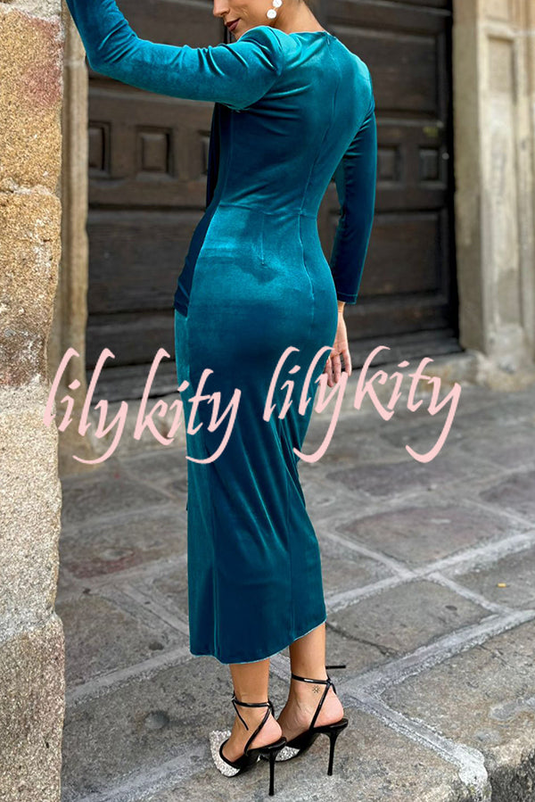 Elisabeth Luxurious Velvet Padded Shoulders Long Sleeve Twist Waist Drape Midi Dress