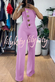 Solid Color Sexy Tube Top Gold Button Embellished Bootcut Jumpsuit